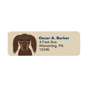 Longhaired chocolade Dachshund retouradres Etiket