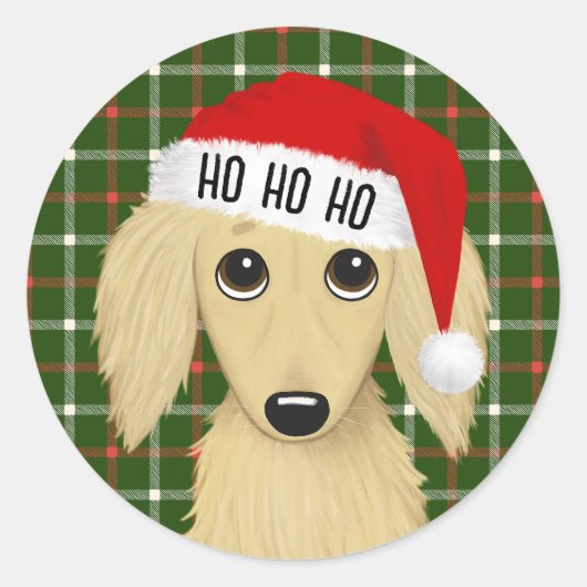 Longhaired Cream Dachshund Santa Dog Christmas Ronde Sticker (Voorkant)