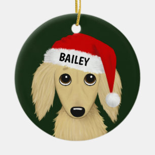 Longhaired Cream Dachshund Santa Dog Custom Keramisch Ornament