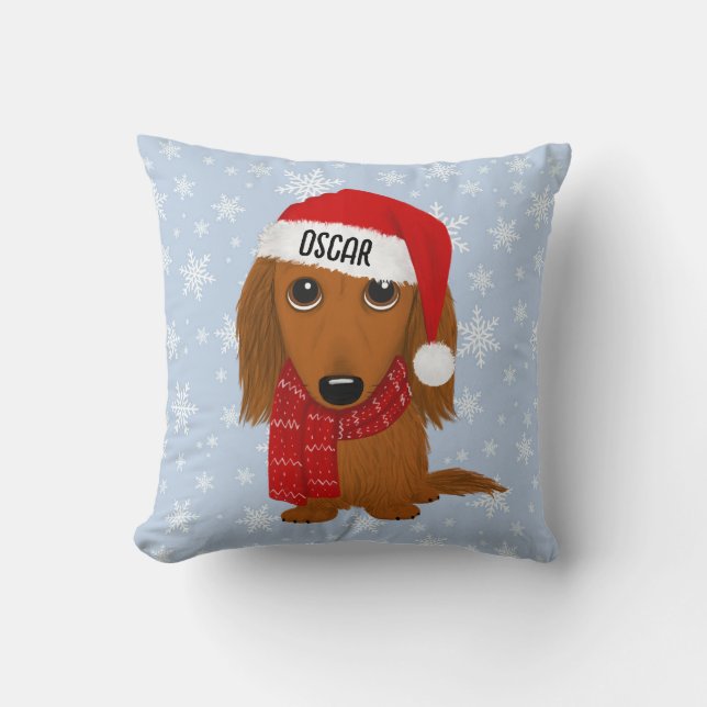 Longhaired Dachshund Schattige Dog Christmas Custo Kussen (Voorkant)