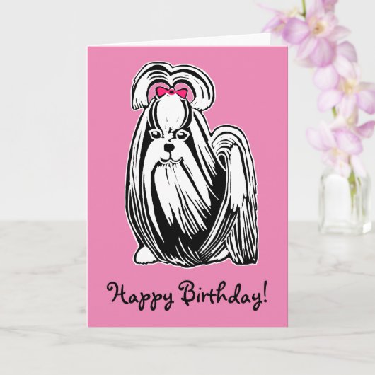 Longhaired Shih Tzu Dog Pink Happy Birthday Kaart (Orchidee)