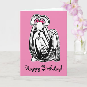 Longhaired Shih Tzu Dog Pink Happy Birthday Kaart