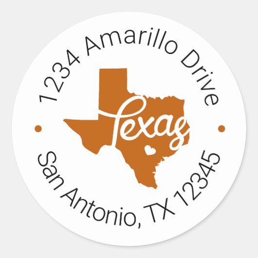 Longhorn Burnt Sinaasappel Texas Heart Address Lab Ronde Sticker (Voorkant)