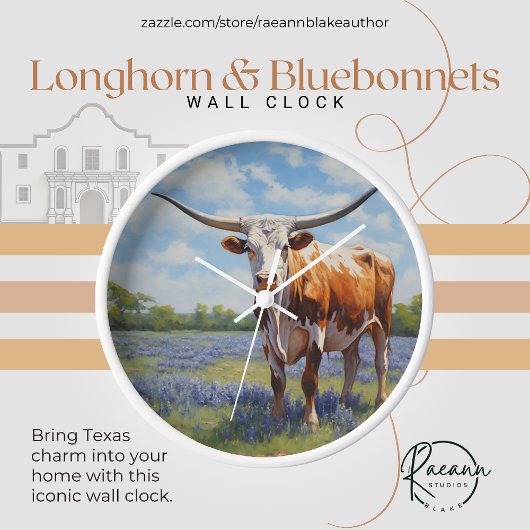 Longhorn en Bluebonnets Wandklok