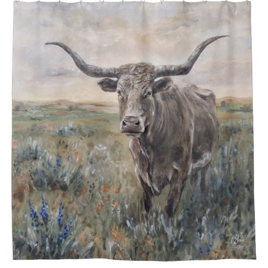 "Longhorn" Handgeschilderd Douchegordijn (Voorkant)