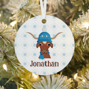 Longhorn in Felblauwe Ski Muts en Sjaal Foto Metalen Ornament