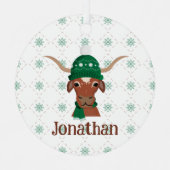 Longhorn in Groene Ski Pet en Sjaal Foto Metalen Ornament (Voorkant)