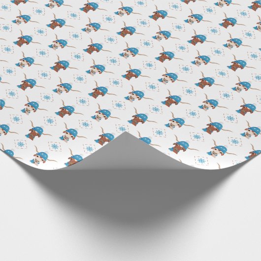 Longhorn in helderblauw ski-Pet en sjaalpatroon Cadeaupapier (Hoek)