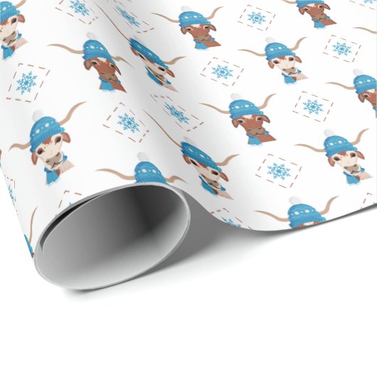 Longhorn in helderblauw ski-Pet en sjaalpatroon Cadeaupapier (Rol Hoek)