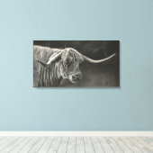 Longhorn Koe Charcoal Drawing Canvas Afdruk (Insitu (Houten vloer))