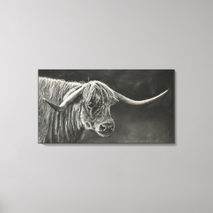 Longhorn Koe Charcoal Drawing Canvas Afdruk