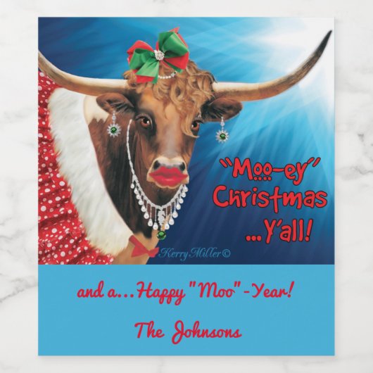Longhorn Koe Christmas Wijn Etiket (Enkel label)