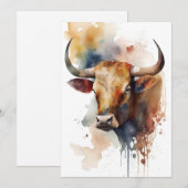 Longhorn Koe in Waterverven Feestdagenkaart (Voorkant / Achterkant)