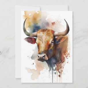 Longhorn Koe in Waterverven Feestdagenkaart