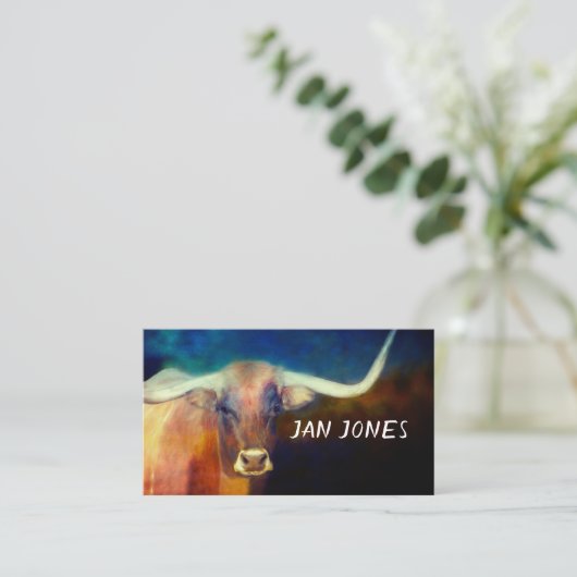 Longhorn koe kunst op blauw en bruin gebruik visitekaartje (Staand voorkant)