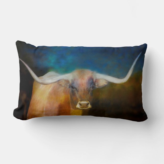 Longhorn Koe kunst op blauw en bruin Kussen (Voorkant)