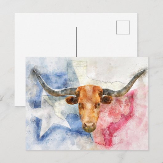Longhorn koe met Texaanse kaart en Flag Waterverf (Voorkant / Achterkant)