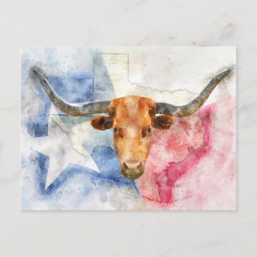 Longhorn koe met Texaanse kaart en Flag Waterverf (Voorkant)