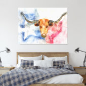 Longhorn koe met Texaanse kaart en Flag Waterverf Canvas Afdruk (Insitu (Slaapkamer))