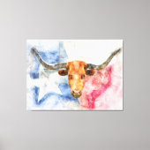 Longhorn koe met Texaanse kaart en Flag Waterverf Canvas Afdruk (Voorkant)