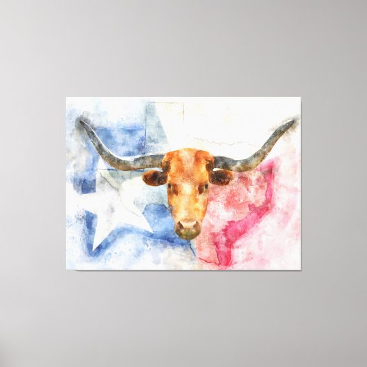 Longhorn koe met Texaanse kaart en Flag Waterverf Canvas Afdruk (Voorkant)