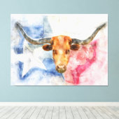 Longhorn koe met Texaanse kaart en Flag Waterverf Canvas Afdruk (Insitu (Houten vloer))