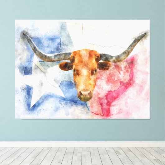 Longhorn koe met Texaanse kaart en Flag Waterverf Canvas Afdruk (Insitu (Houten vloer))
