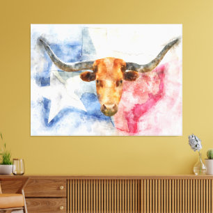 Longhorn koe met Texaanse kaart en Flag Waterverf Canvas Afdruk