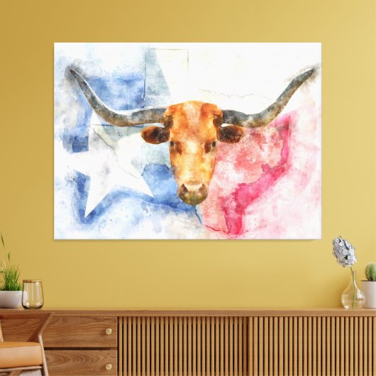 Longhorn koe met Texaanse kaart en Flag Waterverf Canvas Afdruk (Insitu (Woonkamer))