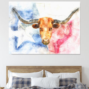 Longhorn koe met Texaanse kaart en Flag Waterverf Foto Afdruk