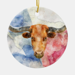 Longhorn koe met Texaanse kaart en Flag Waterverf Keramisch Ornament