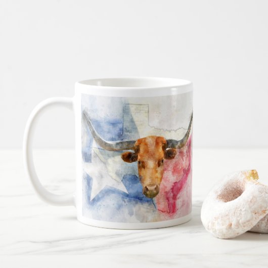 Longhorn koe met Texaanse kaart en Flag Waterverf Koffiemok (Met donut)