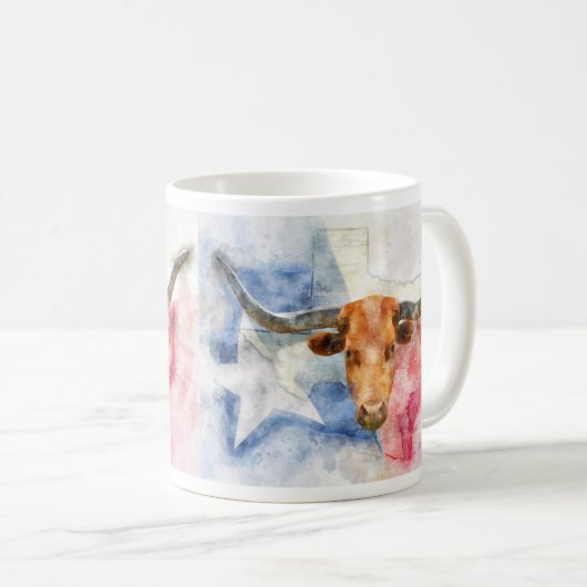 Longhorn koe met Texaanse kaart en Flag Waterverf Koffiemok (Voorkant rechts)