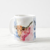 Longhorn koe met Texaanse kaart en Flag Waterverf Koffiemok (Voorkant links)