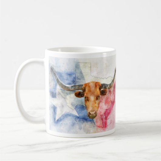 Longhorn koe met Texaanse kaart en Flag Waterverf Koffiemok (Links)