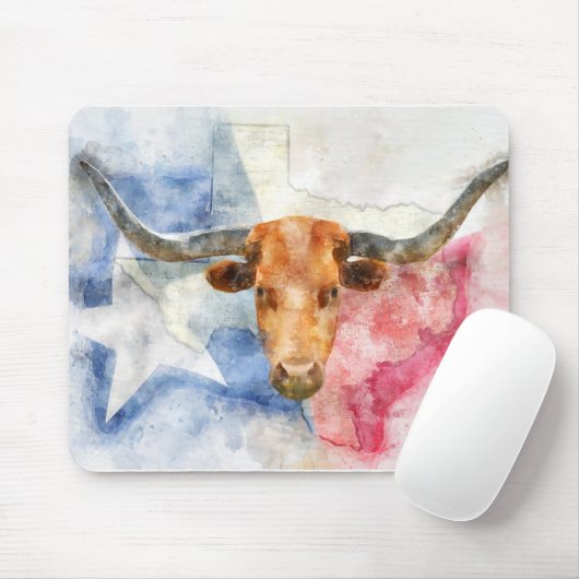 Longhorn koe met Texaanse kaart en Flag Waterverf Muismat (Met muis)