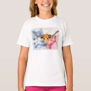 Longhorn koe met Texaanse kaart en Flag Waterverf T-shirt