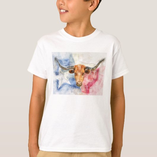 Longhorn koe met Texaanse kaart en Flag Waterverf T-shirt (Voorkant)
