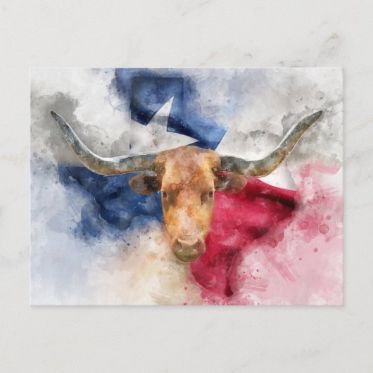 Longhorn koe met Texas Flag Map Waterverf Briefkaart (Voorkant)