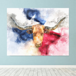 Longhorn koe met Texas Flag Map Waterverf Canvas Afdruk