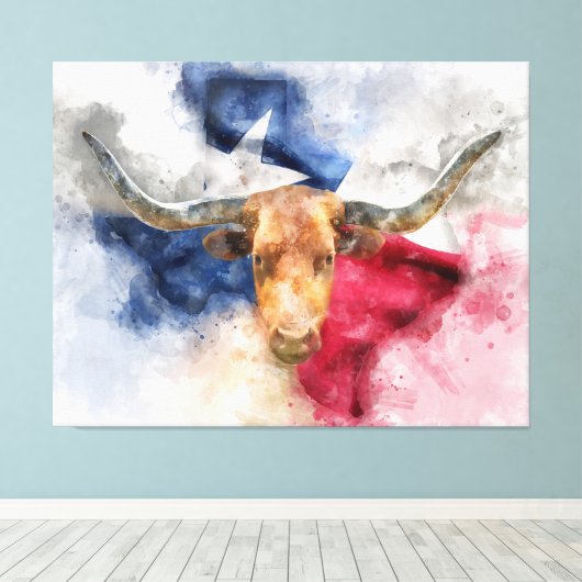 Longhorn koe met Texas Flag Map Waterverf Canvas Afdruk (Insitu (Houten vloer))