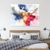 Longhorn koe met Texas Flag Map Waterverf Canvas Afdruk (Insitu (Slaapkamer))