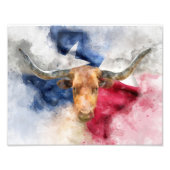Longhorn koe met Texas Flag Map Waterverf Foto Afdruk (Voorkant)
