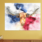 Longhorn koe met Texas Flag Map Waterverf Foto Afdruk