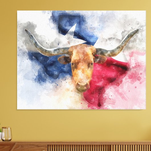 Longhorn koe met Texas Flag Map Waterverf Foto Afdruk