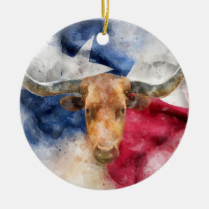 Longhorn koe met Texas Flag Map Waterverf Keramisch Ornament