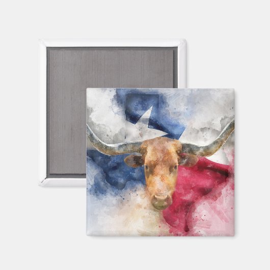 Longhorn koe met Texas Flag Map Waterverf Magneet (Voorkant / Achterkant)