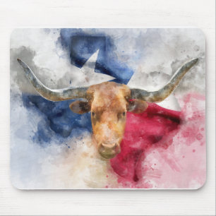 Longhorn koe met Texas Flag Map Waterverf Muismat