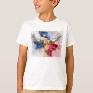 Longhorn koe met Texas Flag Map Waterverf T-shirt