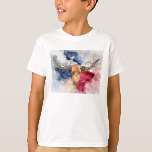 Longhorn koe met Texas Flag Map Waterverf T-shirt (Voorkant)